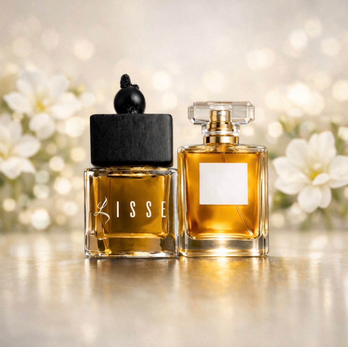 Lisse No5 car fragrance: square wood-capped bottle next to a classic clear rectangular designer bottle. Luxury car air freshener. Floral background