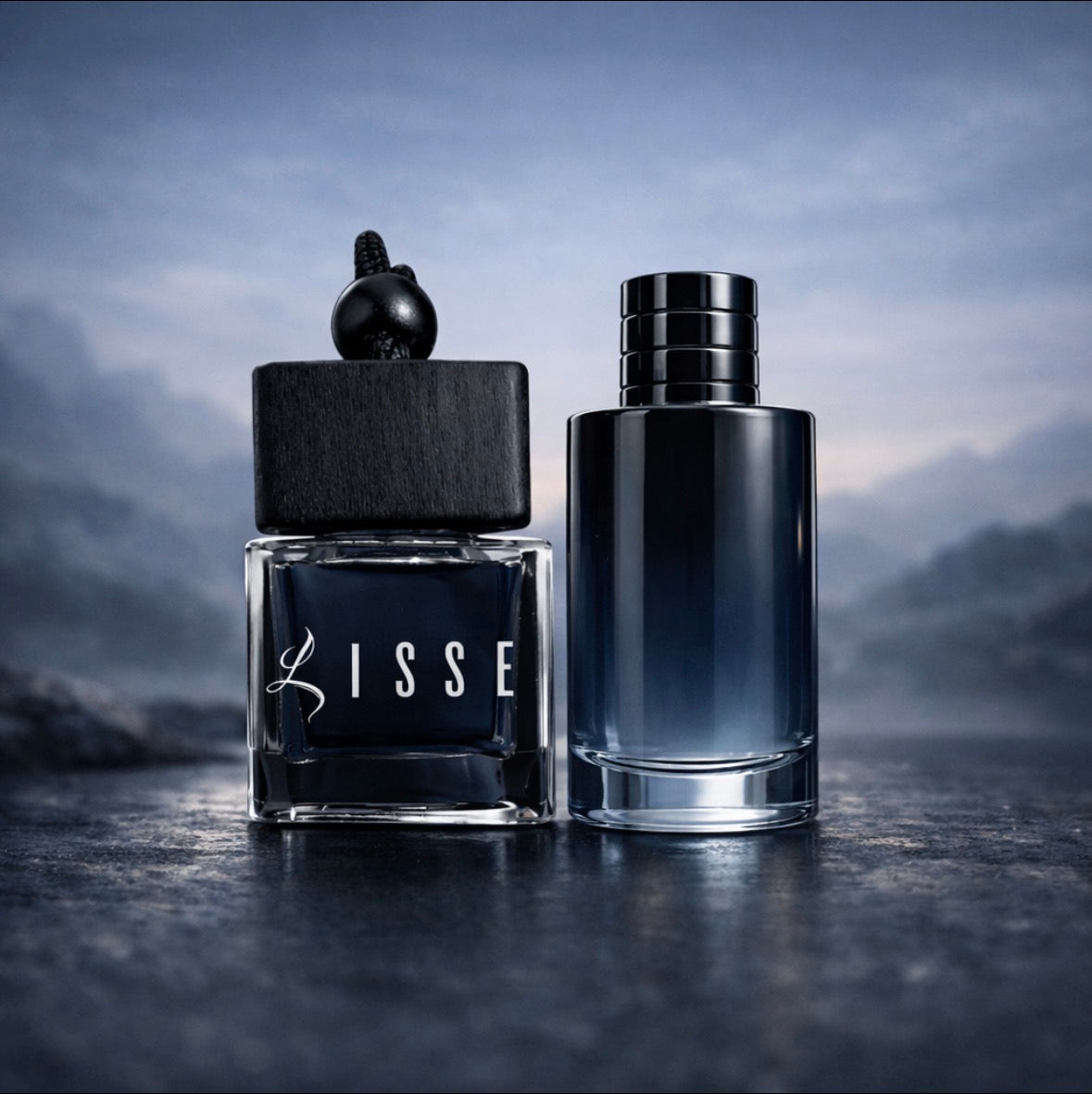 Lisse Born In Roma car scent: square wood-capped bottle beside a dark blue cylinder designer bottle. Luxury car air freshener on a dark and moody background.