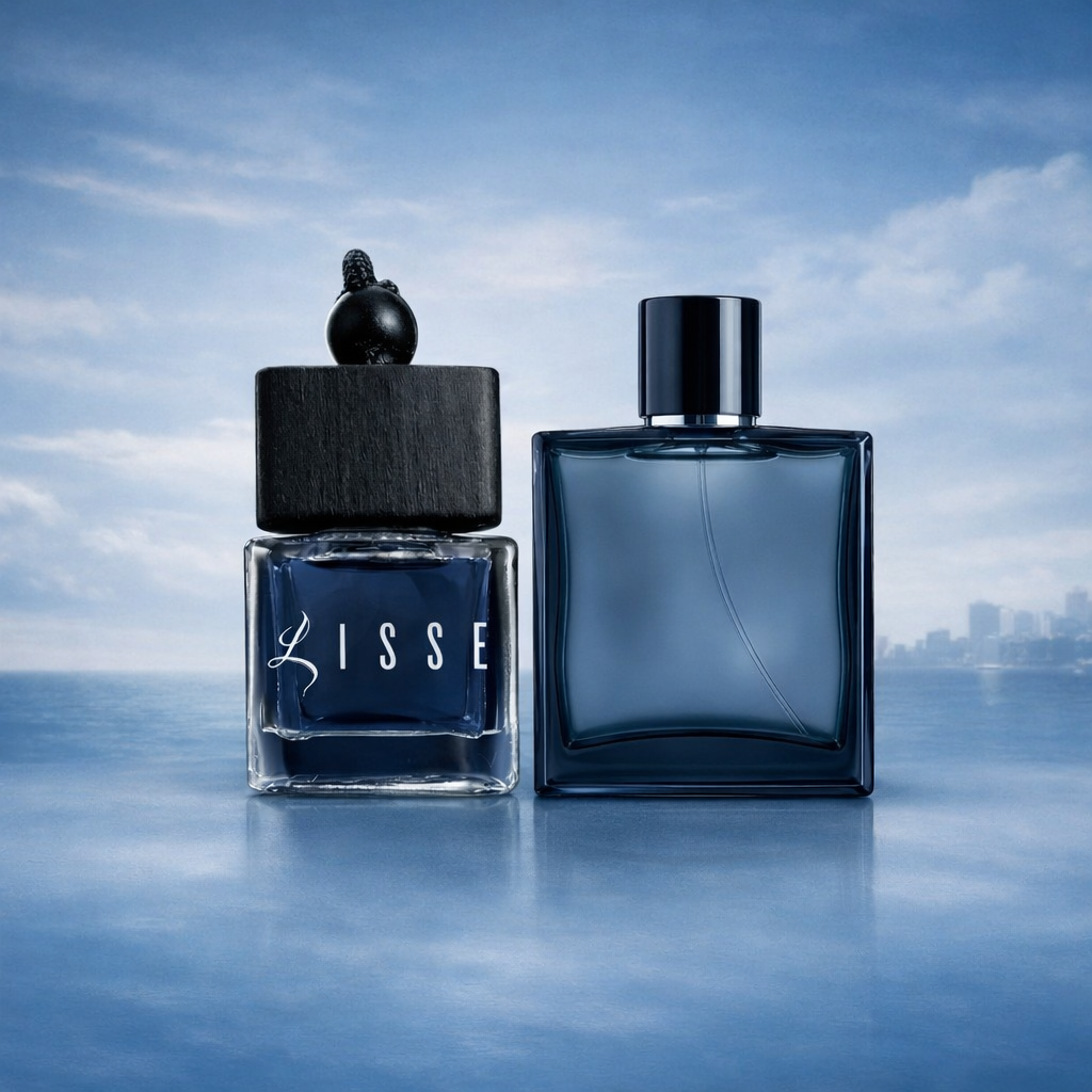 Lisse Chanel car fragrance: square wood-cap bottle paired with a blue square designer bottle. Premium car air freshener.