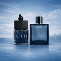 Lisse Chanel car fragrance: square wood-cap bottle paired with a blue square designer bottle. Premium car air freshener.