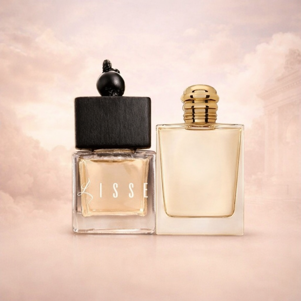 Lisse Eros car fragrance: square wood-cap bottle paired with a rectangular gold cap clear designer bottle. Premium car air freshener.