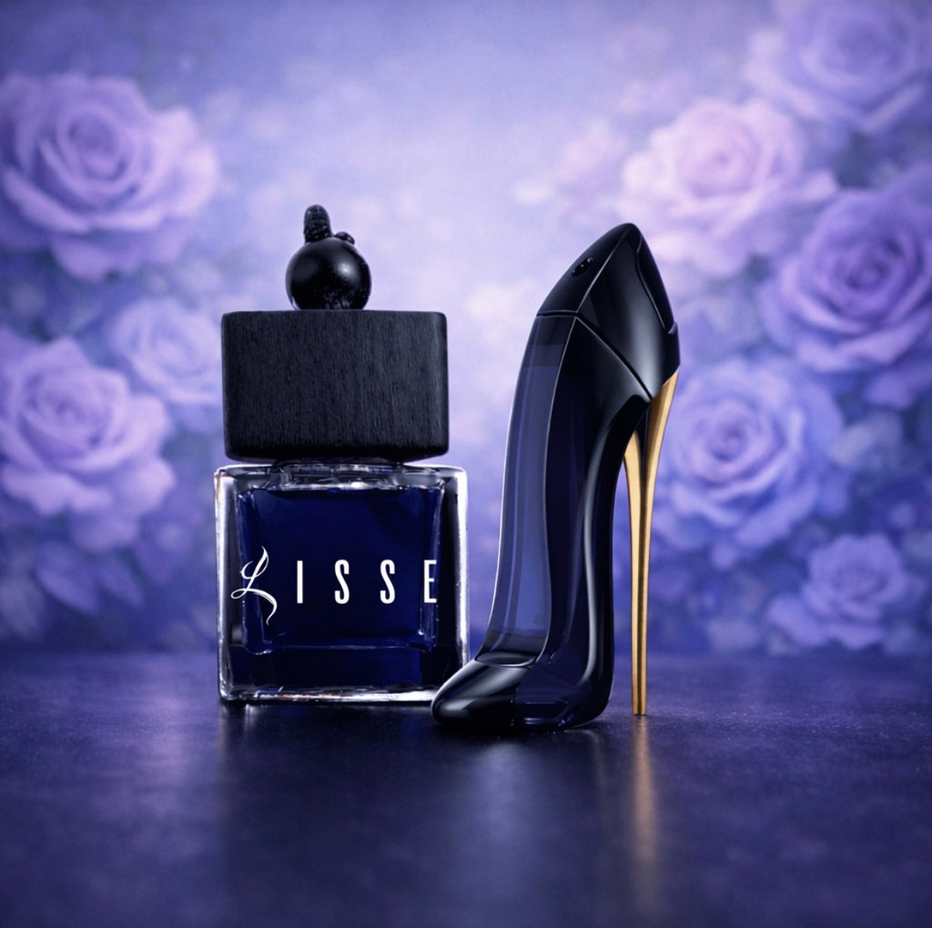 Lisse Good Girl car perfume: square glass bottle with black wood lid next to a blue stiletto-shaped bottle. Designer-inspired car fragrance.