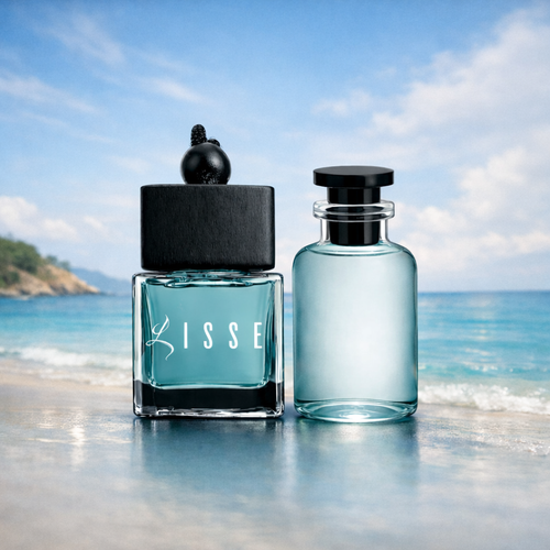 Lisse Imagination car scent: square glass bottle with wood cap and a tall, slim cylindrical designer bottle. Luxury car fragrance for men. Beach background.