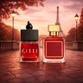 Lisse baccarat car fragrance: square wood-cap bottle paired with a light red and gold designer bottle. Premium car air freshener.