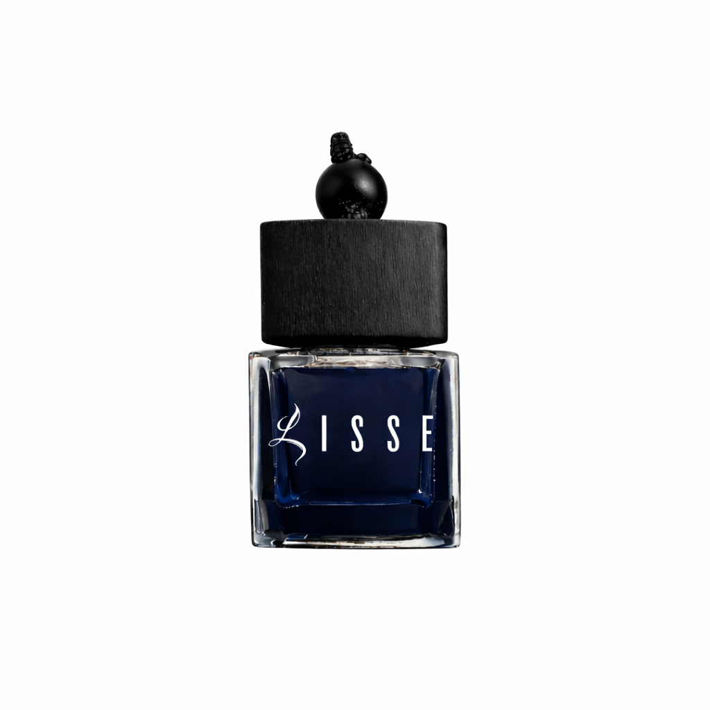 Purple glass air freshener bottle with black wood cap on a white background