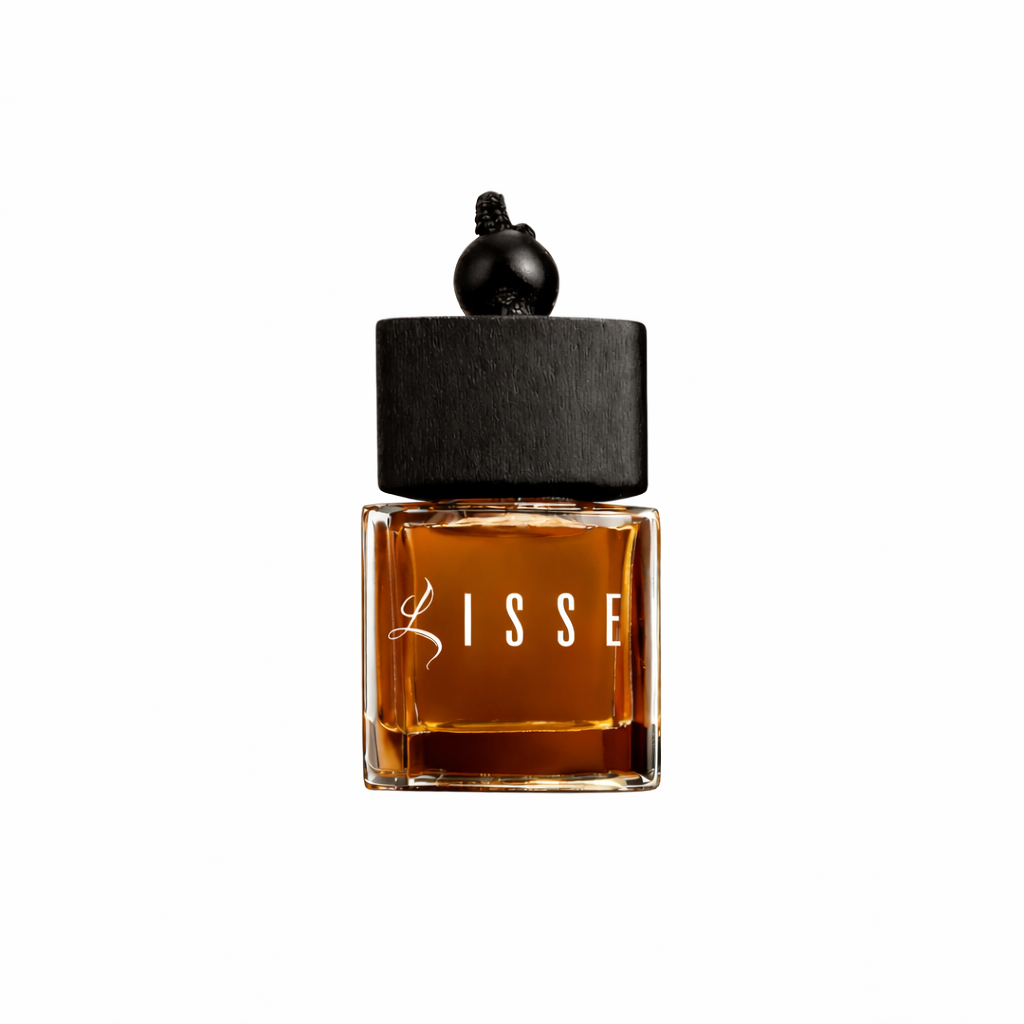 Brown car air freshener bottle with black wood cap and 'LISSE' branding on a white background