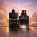 Lisse Born in Roma car scent: square wood-cap bottle next to a rounded black studded designer bottle. light background, luxury car air freshener.