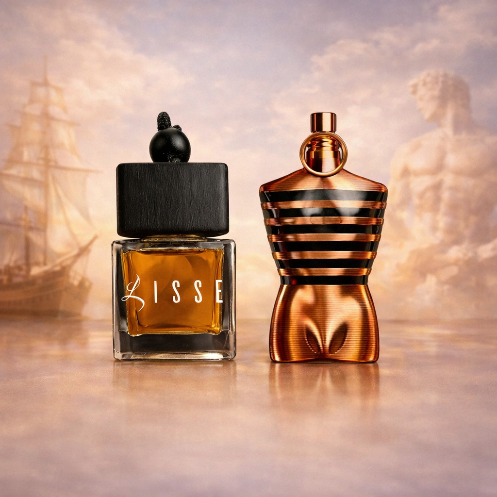 Lisse JPG Elixir car fragrance: square wood-cap bottle paired with a gold and black man shaped designer bottle. Premium car air freshener.