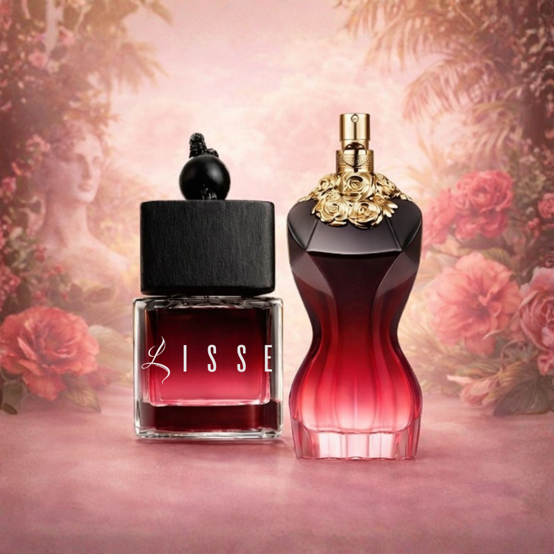 Lisse La Belle car fragrance: square wood-cap bottle paired with a red and black woman shaped designer bottle. Premium car air freshener.