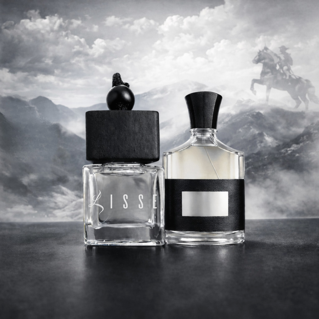 Lisse Aventus car fragrance: square wood-cap bottle paired with a white and black clear designer bottle with a classy background. Premium car air freshener.