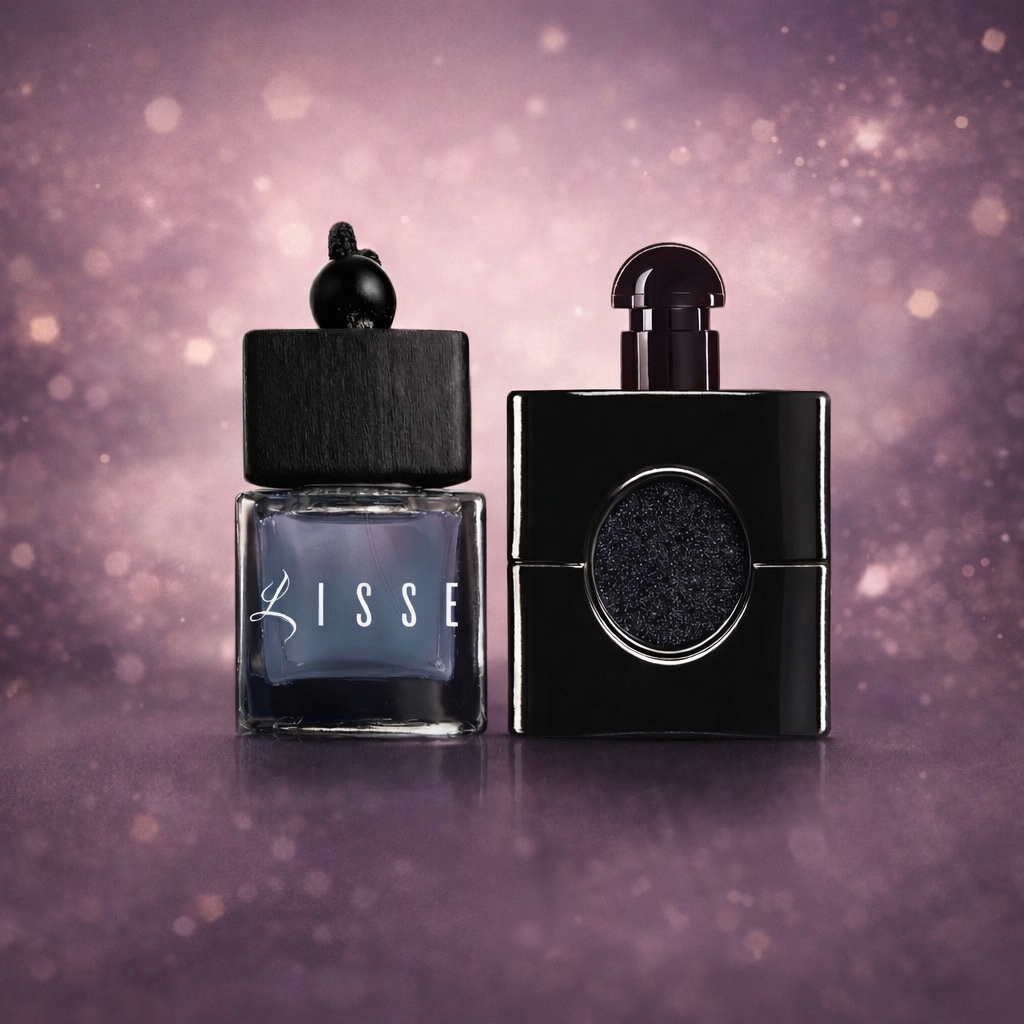 Lisse YSL car fragrance: square wood-cap bottle paired with a starry black shiny designer bottle on a nice purple background. Premium car air freshener.