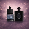 Lisse YSL car fragrance: square wood-cap bottle paired with a starry black shiny designer bottle on a nice purple background. Premium car air freshener.