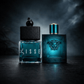 Lisse Eros car fragrance: square wood-cap bottle paired with a turquoise blue Greek-patterned designer bottle. Premium car air freshener.