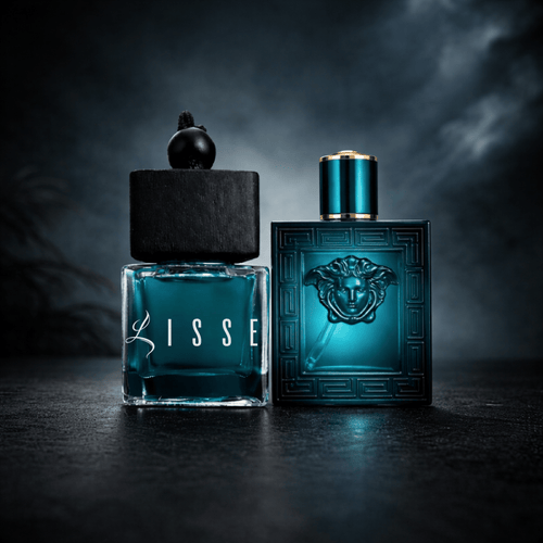 Lisse Eros car fragrance: square wood-cap bottle paired with a turquoise blue Greek-patterned designer bottle. Premium car air freshener.