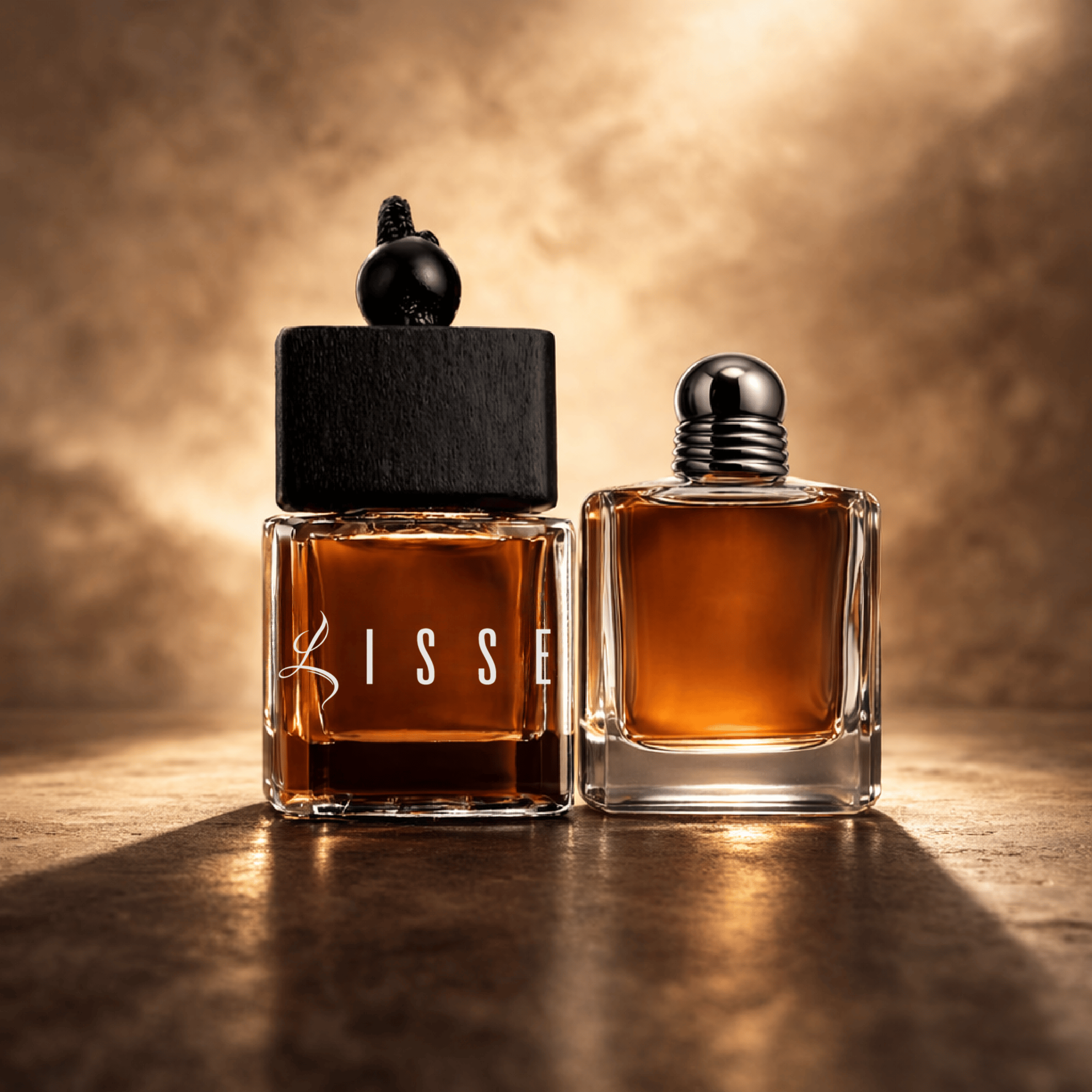 Lisse Stronger With You car scent: square wood-cap bottle next to a rounded-shoulder designer bottle. Warm, luxury car air freshener